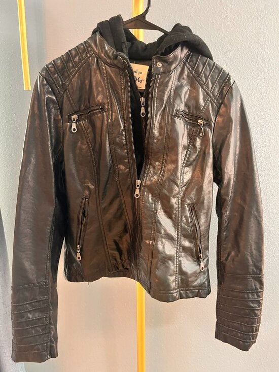 Maralyn & Me Jackets & Blazers - Maralyn & Me Black Faux Leather Hooded Moto Jacket M Quilted Biker Coat Y2K